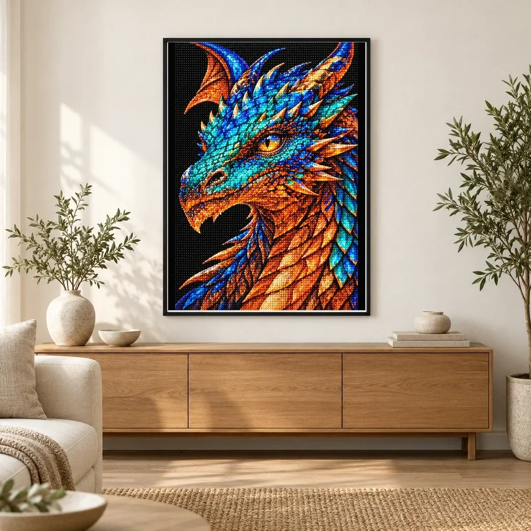Azure Copper Mosaic Dragon diamond painting displayed in a home interior