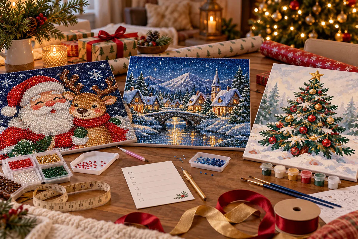 Editorial illustration of Santa, village, and Christmas tree craft gift choices for Black Friday