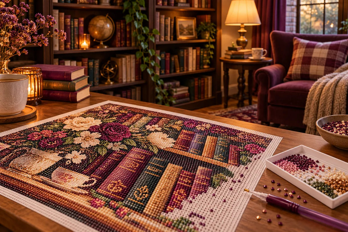Illustrative book-themed diamond painting workspace beside a warm reading nook