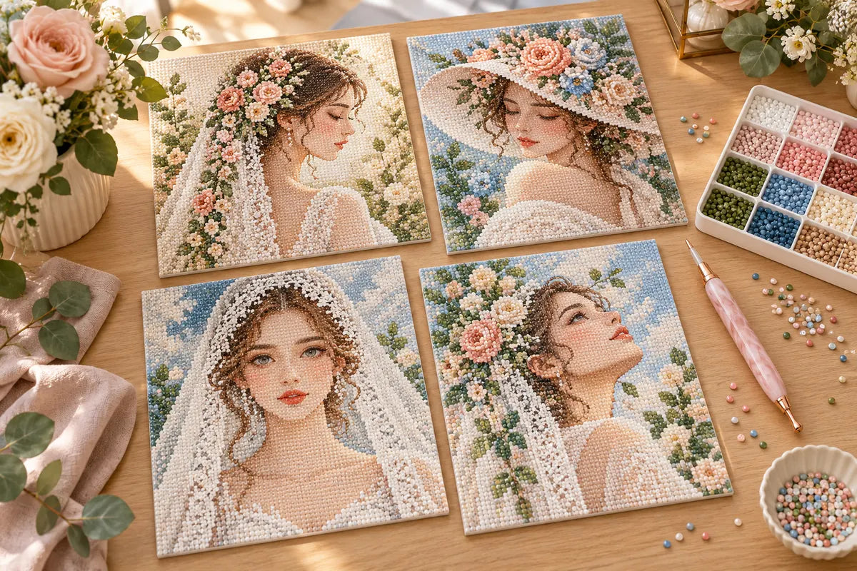 Editorial illustration of bridal portrait diamond painting styles with floral veils; not an actual product image.