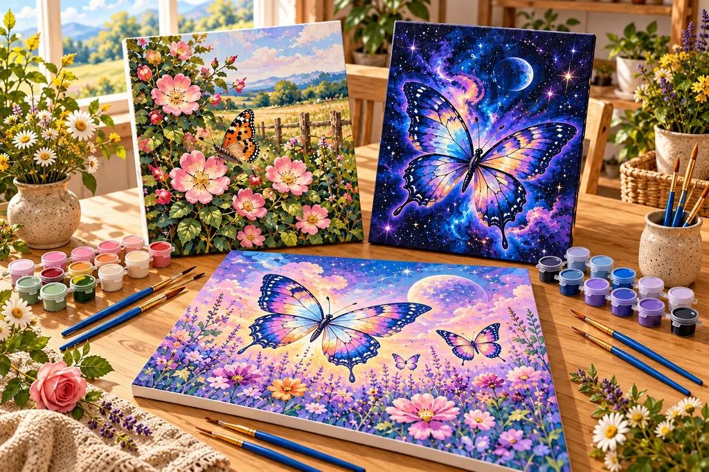 Illustrative comparison of botanical, nebula, and pastel butterfly paint by numbers scenes.