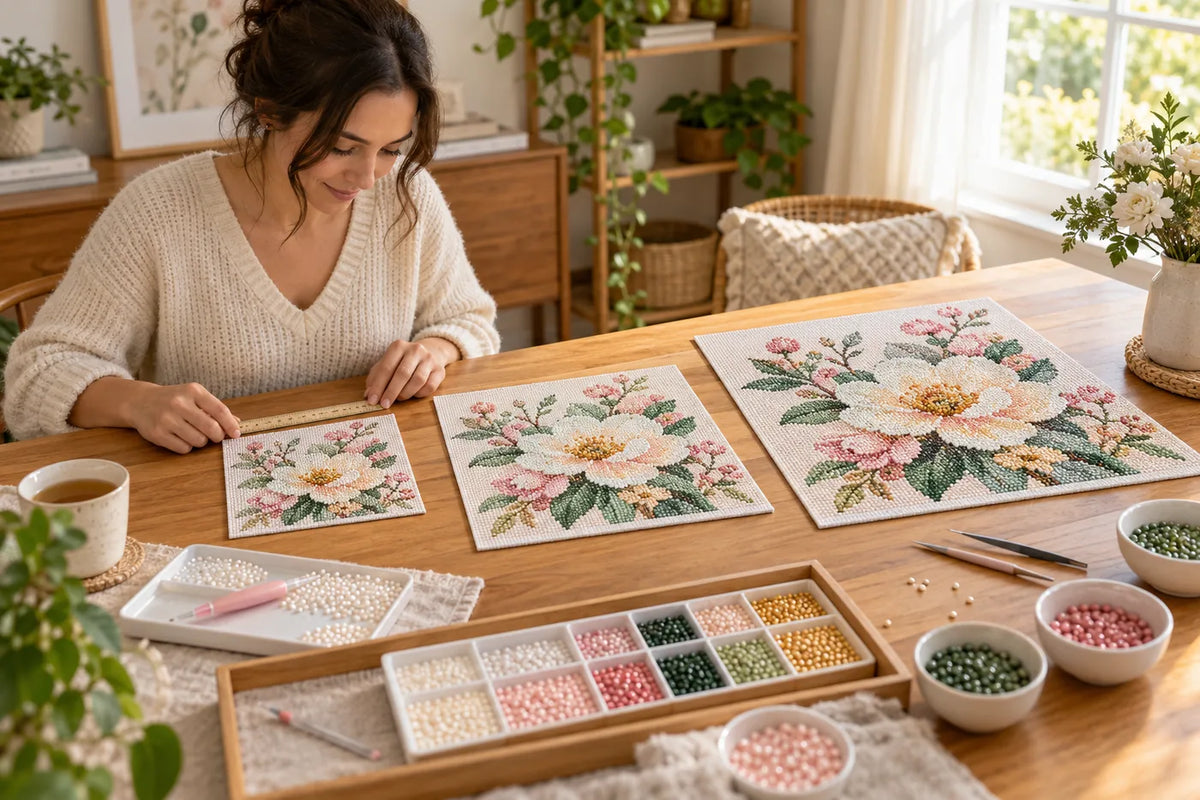 Editorial illustration of small, medium and large pearl art canvases for choosing a first kit