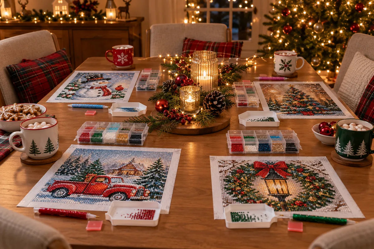 Conceptual Christmas diamond painting craft-night table with separate holiday canvases and supplies