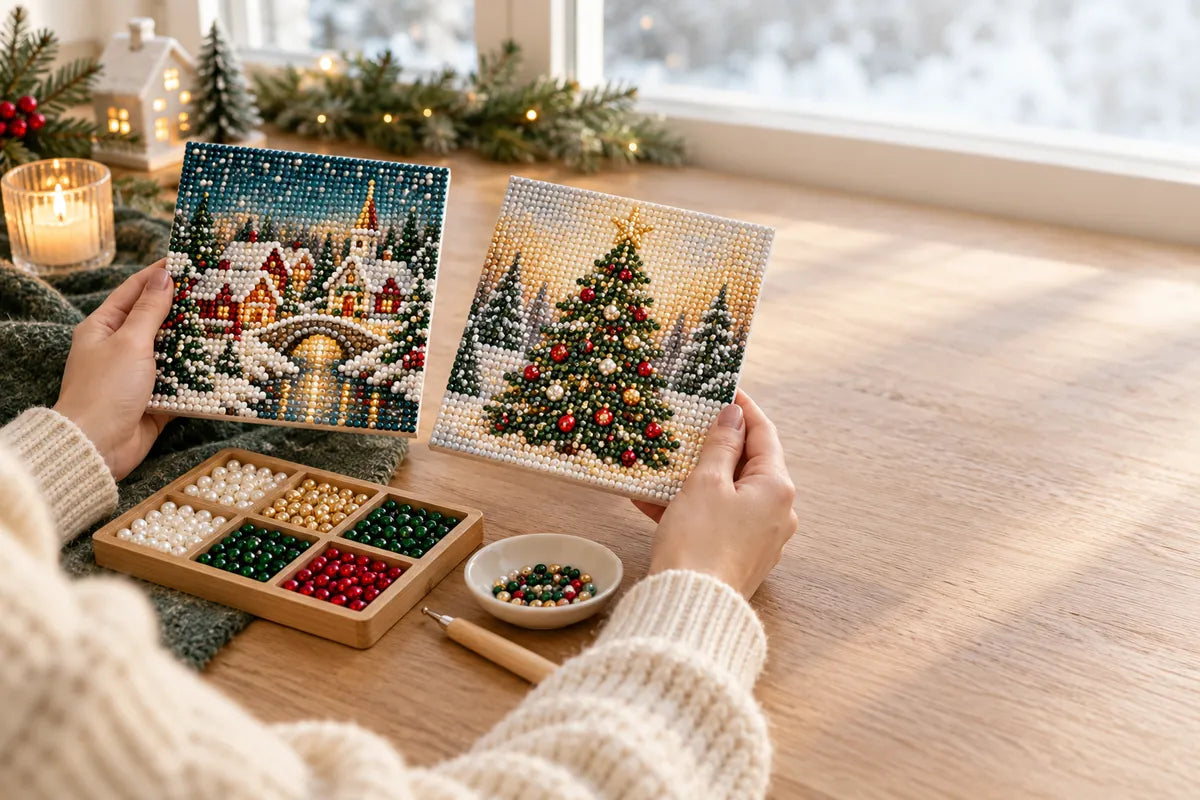 Two Christmas pearl art designs on a craft table beside sorted beads in a cozy winter setting