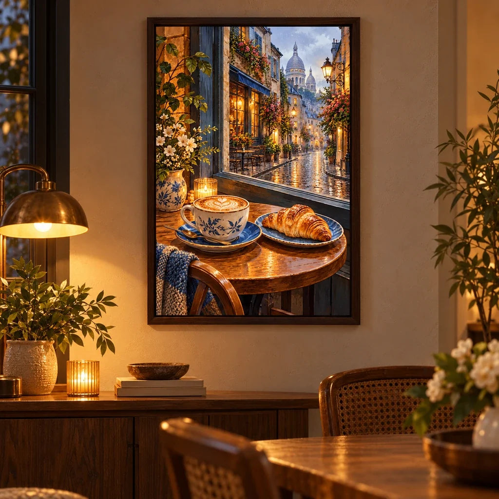 Coffee Window Croissant diamond painting displayed as framed café art in a home interior
