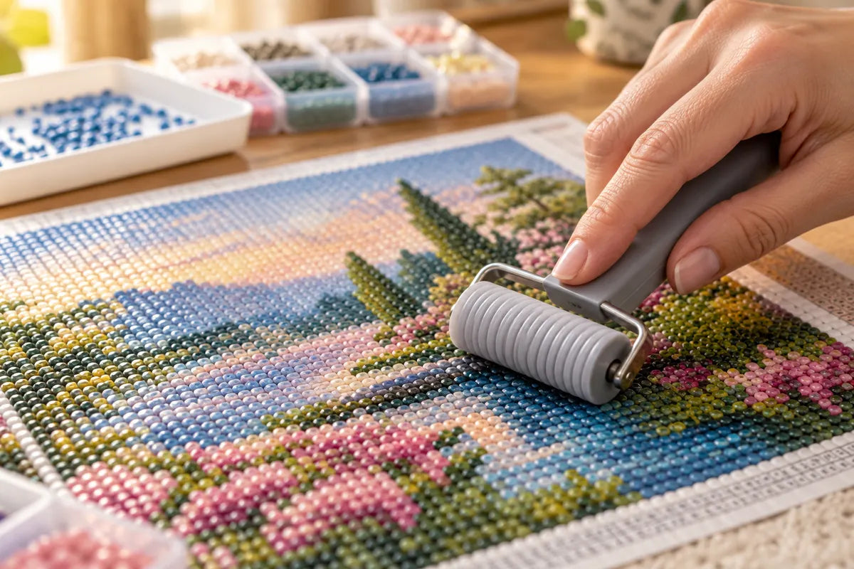 A ribbed roller making a gentle pass over drills placed on a diamond painting canvas