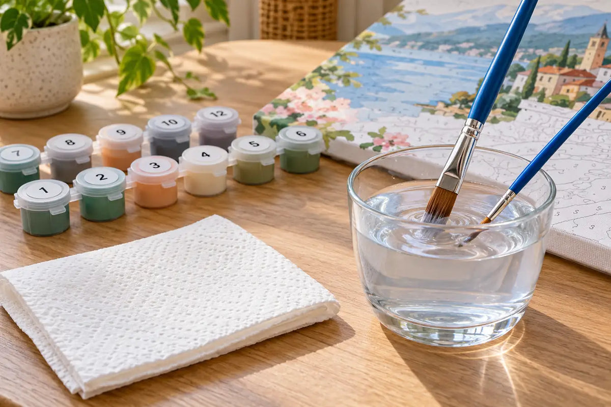 Illustrative paint by numbers brush care setup with a rinse cup and closed paint pots