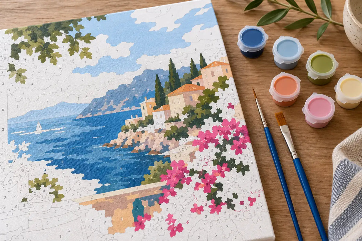 Illustrative paint by numbers workspace with fine and medium brushes beside a partially painted canvas