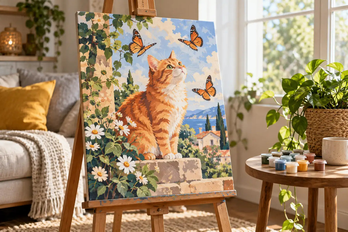 Illustrative orange cat paint by numbers canvas displayed in a cozy room