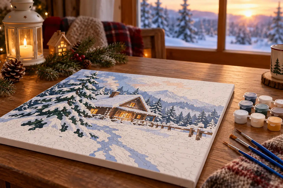 Illustrative winter paint by numbers canvas with a snowy cabin and tree
