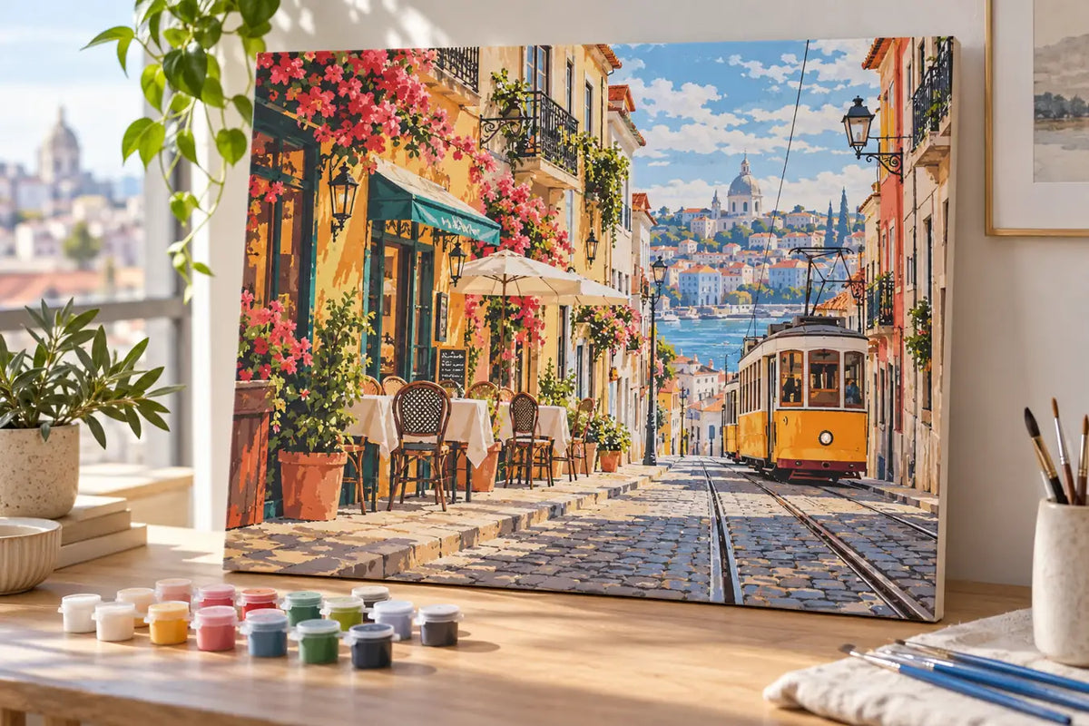 Illustrative city street paint by numbers canvas with colorful cafe facades
