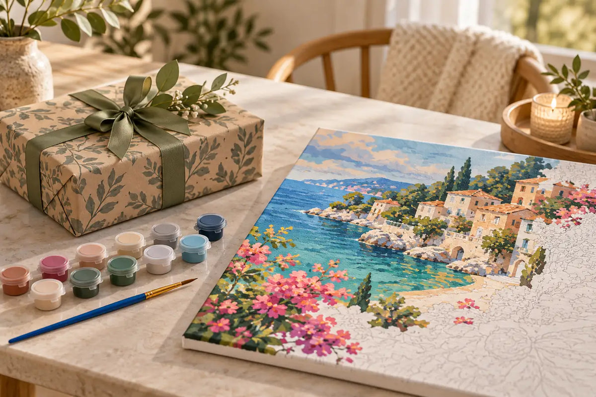Illustrative paint by numbers craft gift beside a colorful canvas and closed paint pots