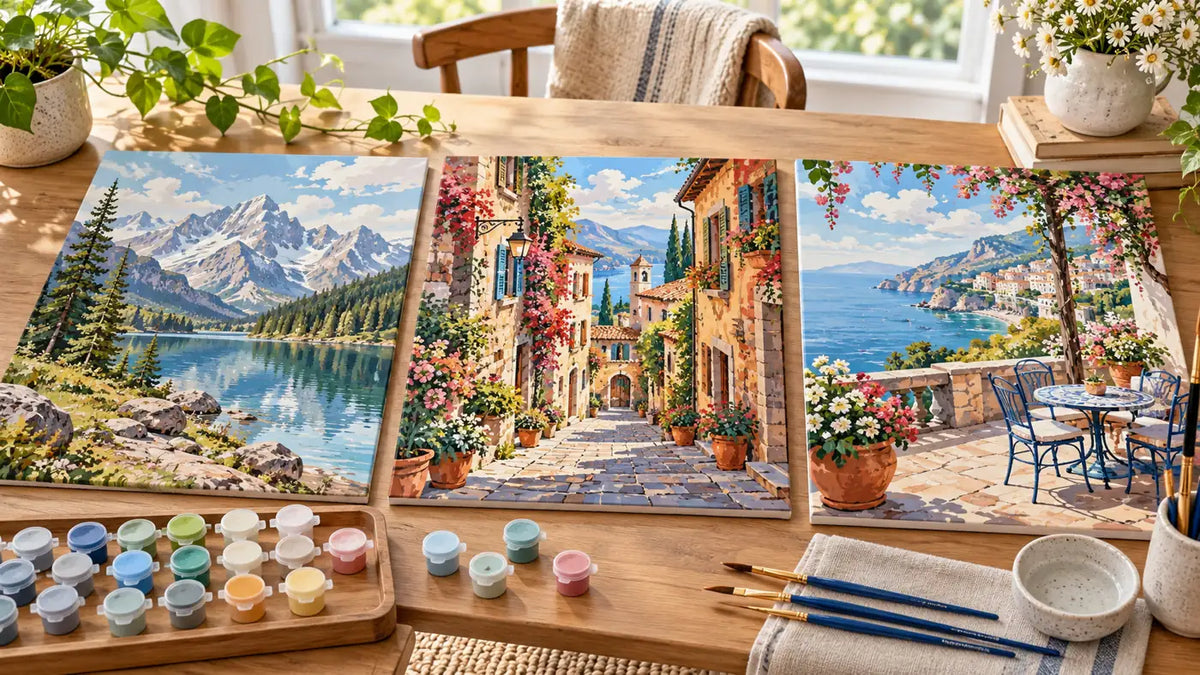 Illustrative comparison of three landscape paint by numbers scene styles