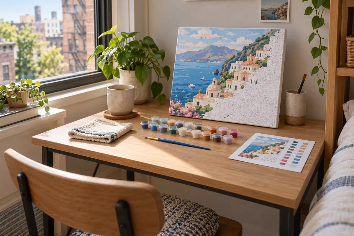 Compact apartment desk arranged for a paint by numbers session