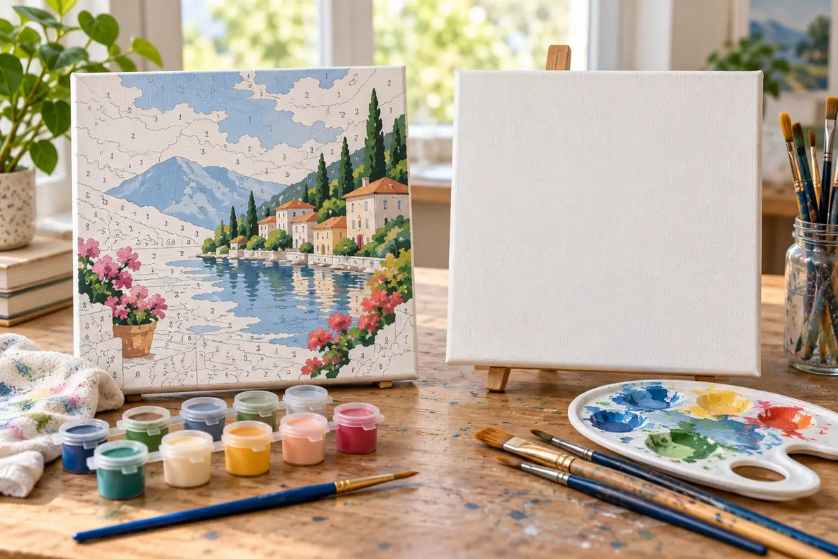 Illustrative side by side view of a paint by numbers canvas and freehand painting supplies