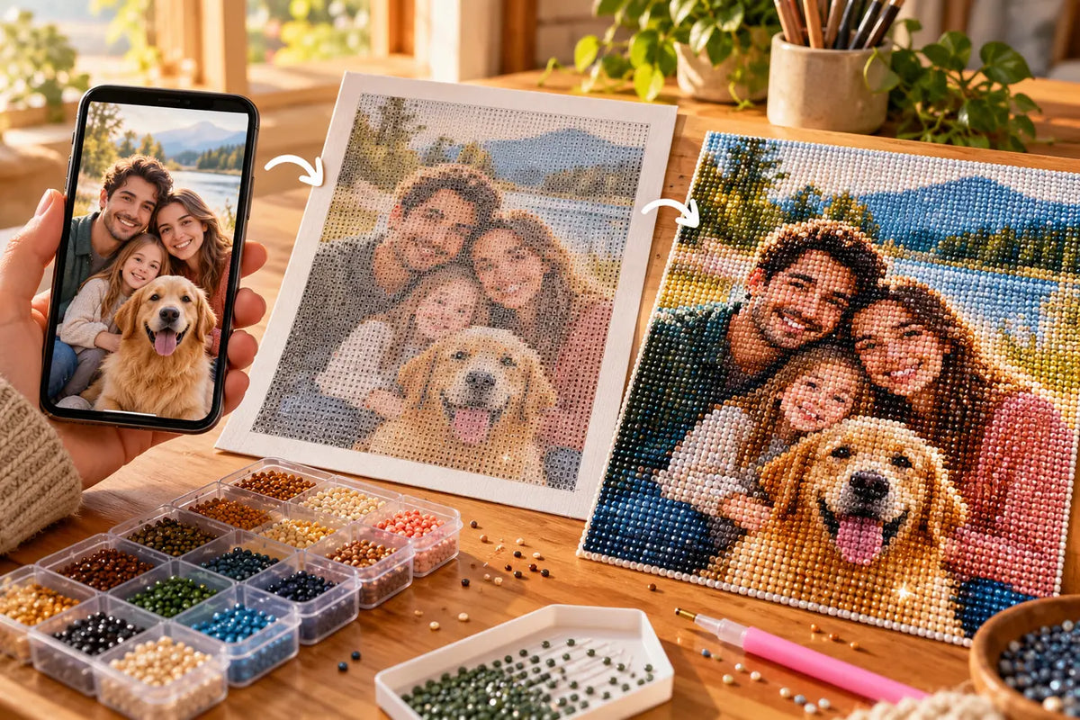Illustrative scene showing a personal photo beside a custom diamond art canvas preview