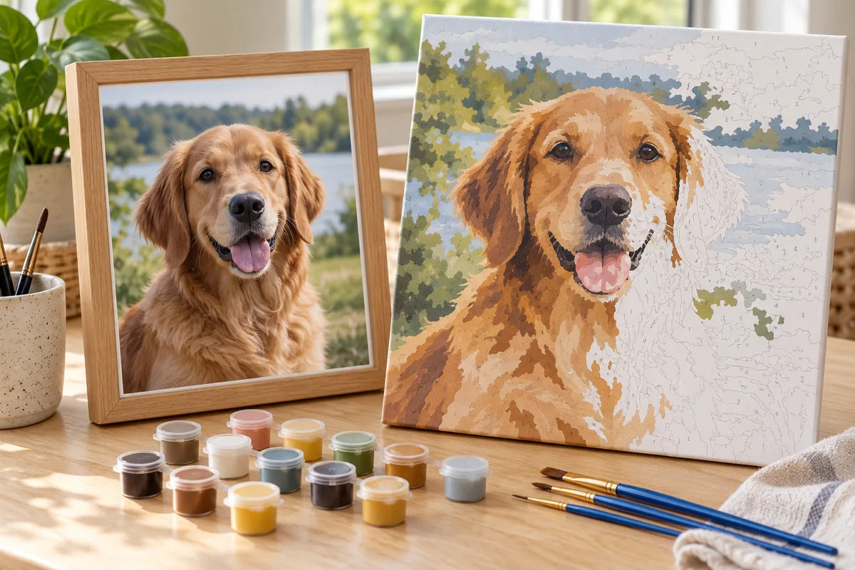 Conceptual pet photo beside a custom paint by numbers canvas with acrylic paints