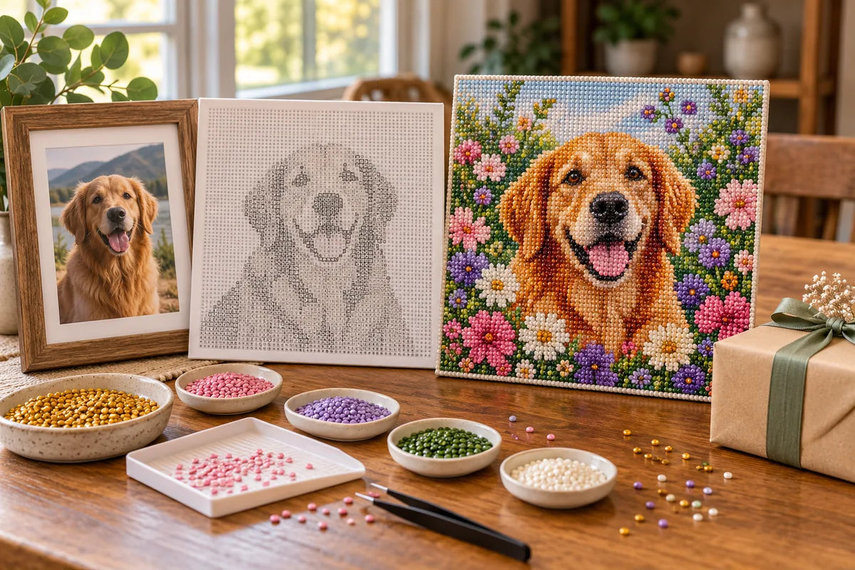 Conceptual comparison of a personal photo, custom diamond painting chart, and finished mosaic gift