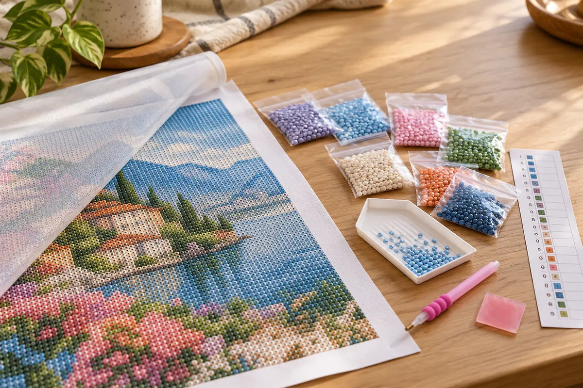 Diamond painting kit setup with coded canvas, colored drills, placement pen and tray