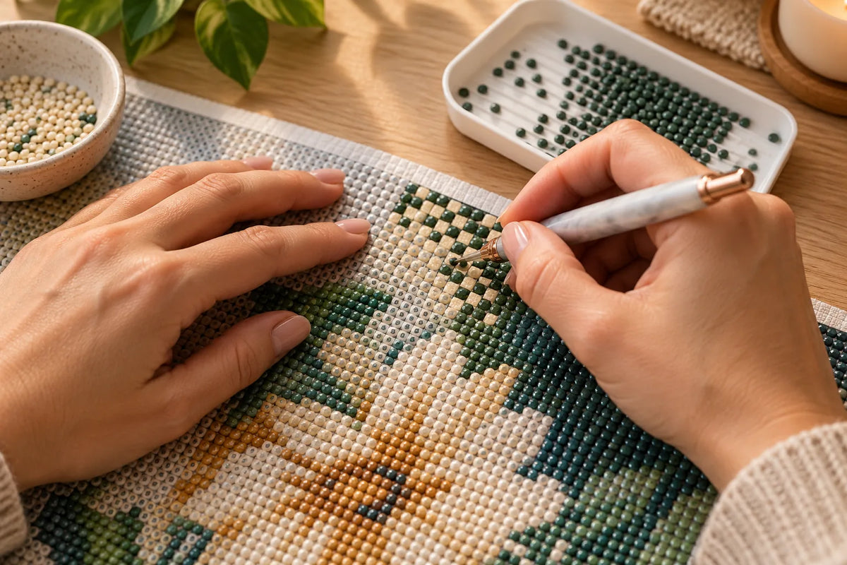 Hands use a diamond painting pen to place drills in an alternating checkerboard pattern on a canvas