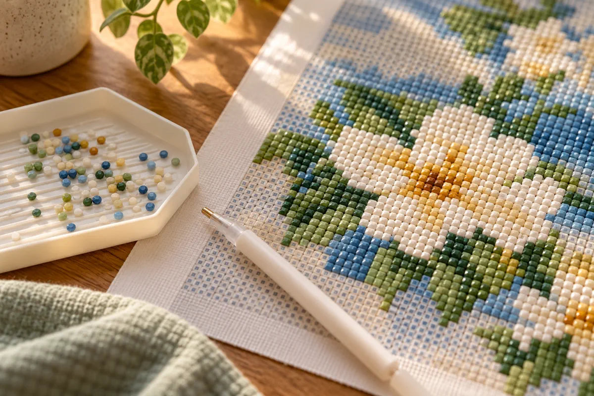 Editorial craft-table illustration showing a diamond painting tray, stylus, and placed drills