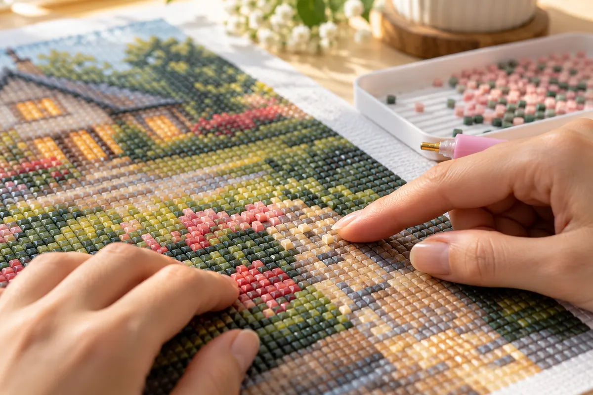 Conceptual close-up of a maker inspecting a lifted diamond painting drill row