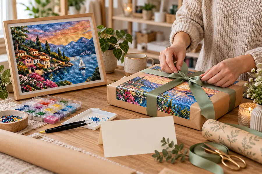 A wrapped craft kit beside a finished diamond painting and blank greeting card