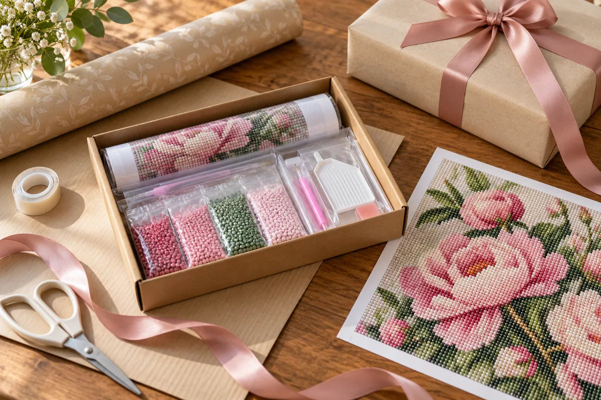 Conceptual unbranded diamond painting kit and wrapping materials on a table beside a finished craft gift.