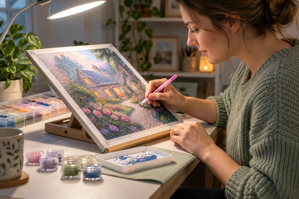 An editorial scene showing a diamond painting canvas lit from the side to reduce glare.