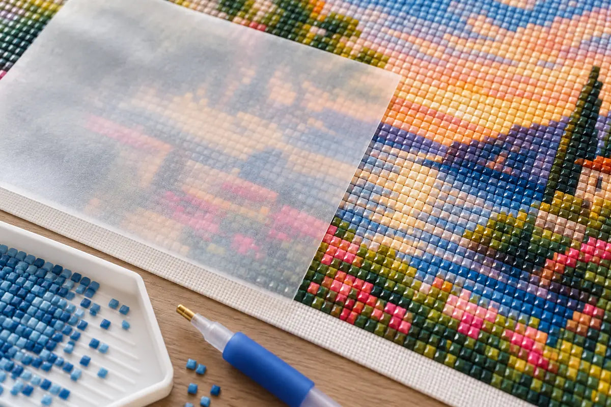 Translucent release paper covering a section of a diamond painting canvas