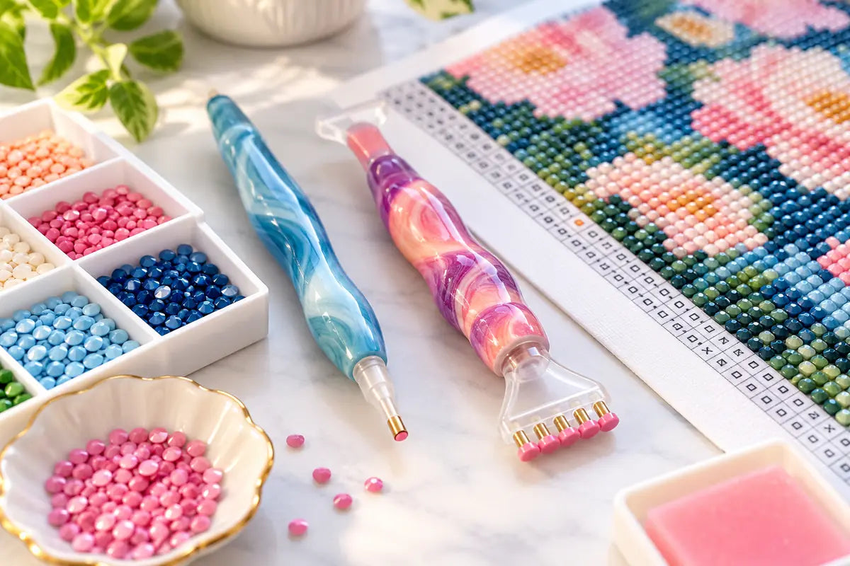 Single-placer and multi-placer diamond painting pens beside drills and canvas