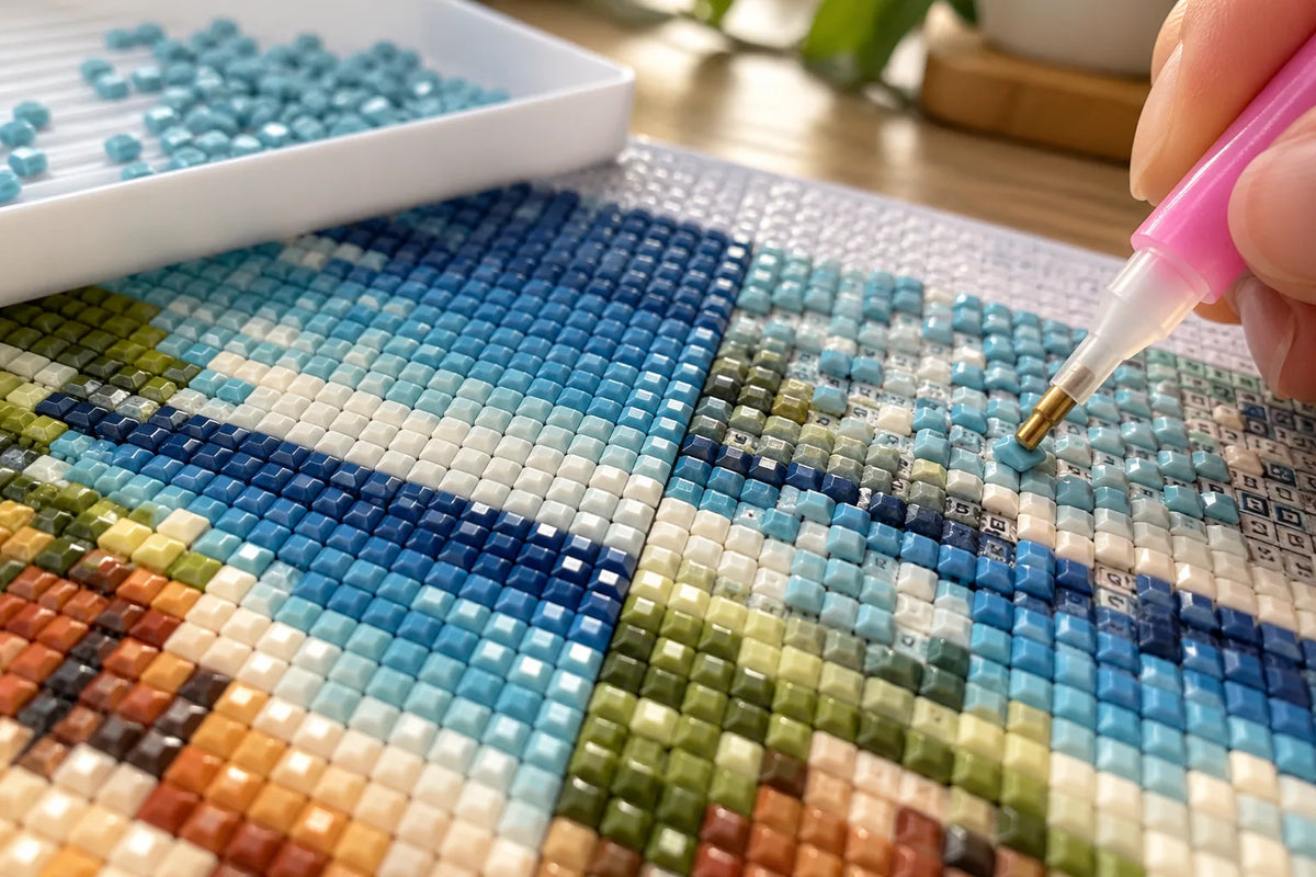 A diamond painting pen placing square drills along a printed canvas grid.