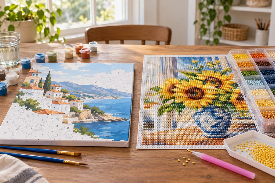 Illustrative side-by-side craft workspace showing a paint by numbers canvas and a diamond painting project