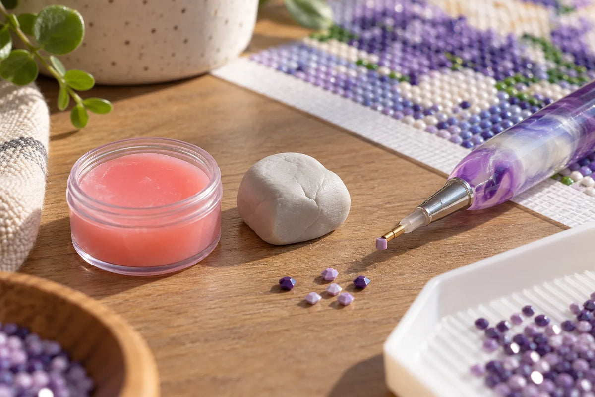 Diamond painting pen beside small amounts of wax and putty pickup material on a clean craft table
