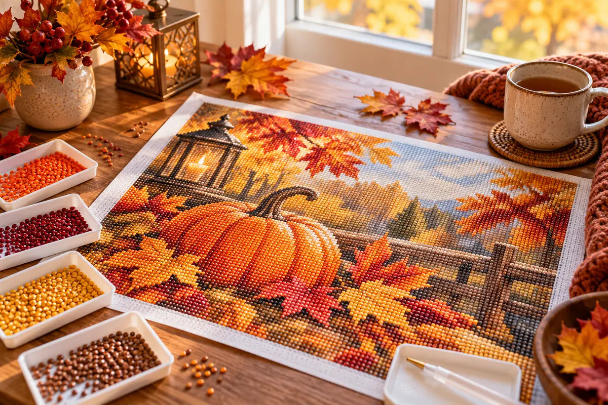 Autumn diamond painting project with pumpkins and maple leaves on a cozy craft table