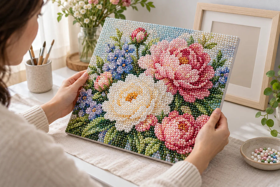 Finished pearl bead art held up in a bright home craft space
