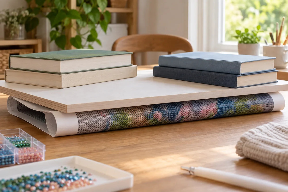 Diamond painting canvas rolled beside books and a clear work surface