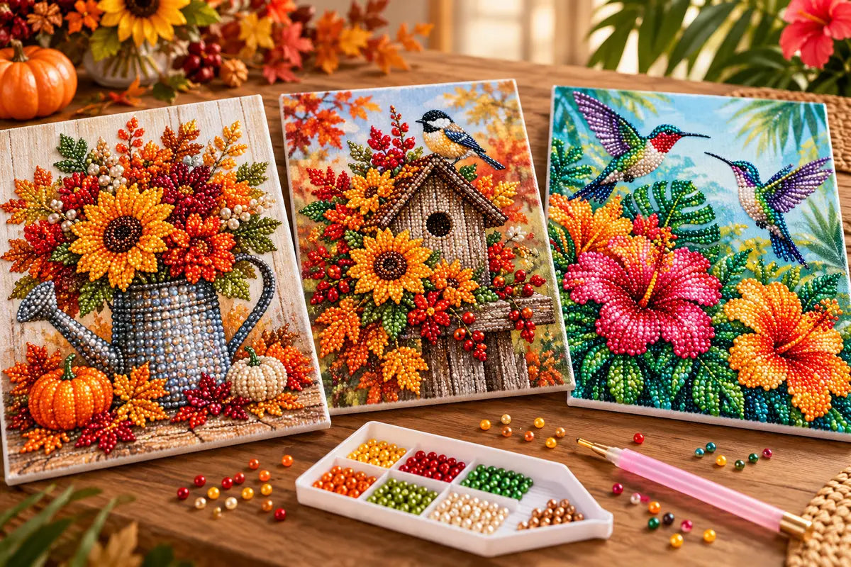 Illustrative pearl art design ideas with autumn flowers and tropical hummingbirds