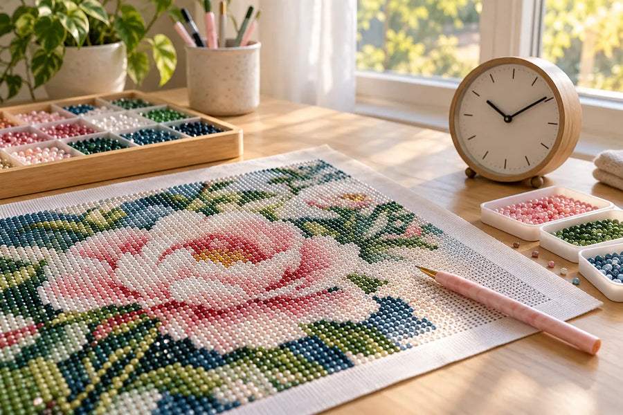 Pearl painting canvas, tools, and clock arranged on a sunny craft table