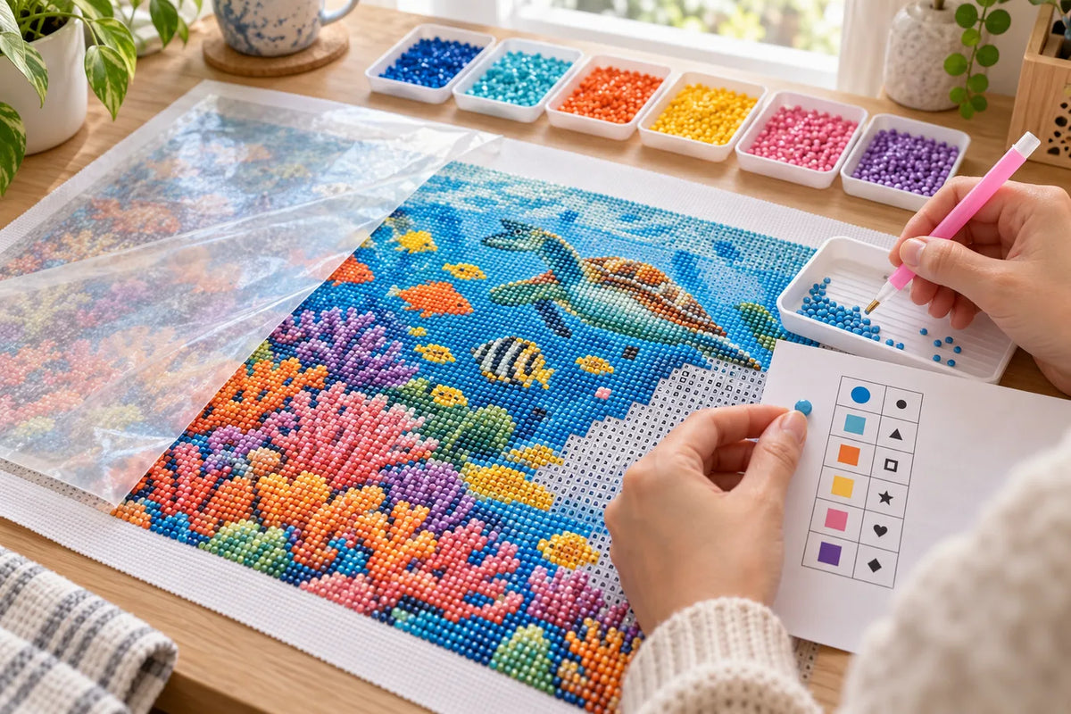 Editorial illustration showing the steps for placing pearl-style beads on an adhesive canvas