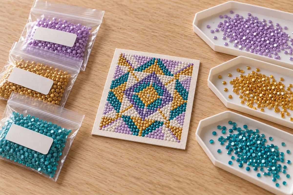 Illustrative leftover diamond painting drills separated into labeled reserve bags and a small craft palette
