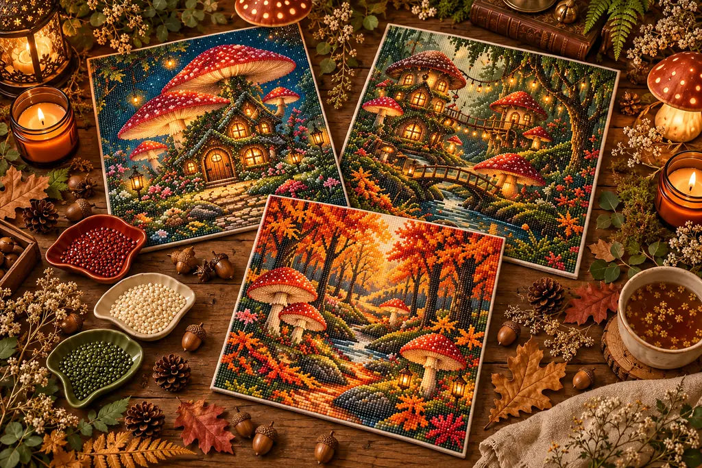 Illustrative comparison of enchanted mushroom cottages, fairy villages, and autumn forest diamond art.