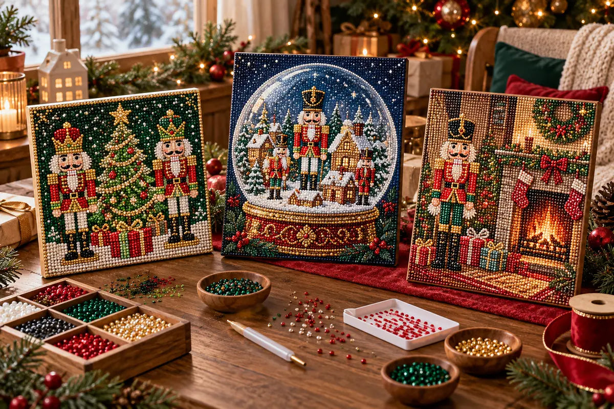 Illustrative comparison of nutcracker pearl art and diamond painting scenes on a Christmas craft table