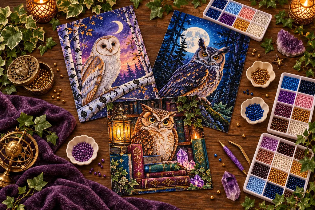 Illustrative comparison of moonlit, birch forest, and bookish owl diamond painting scenes.