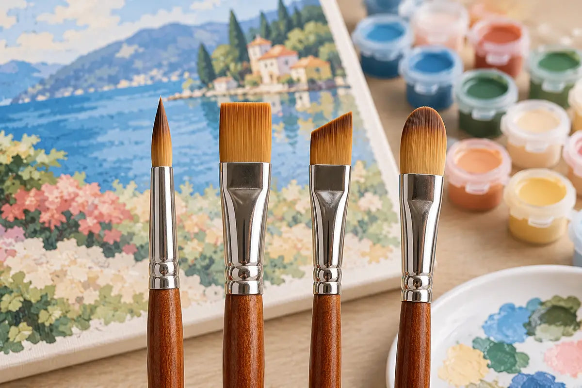 Round, flat, angled, and filbert brushes arranged beside a paint by numbers canvas