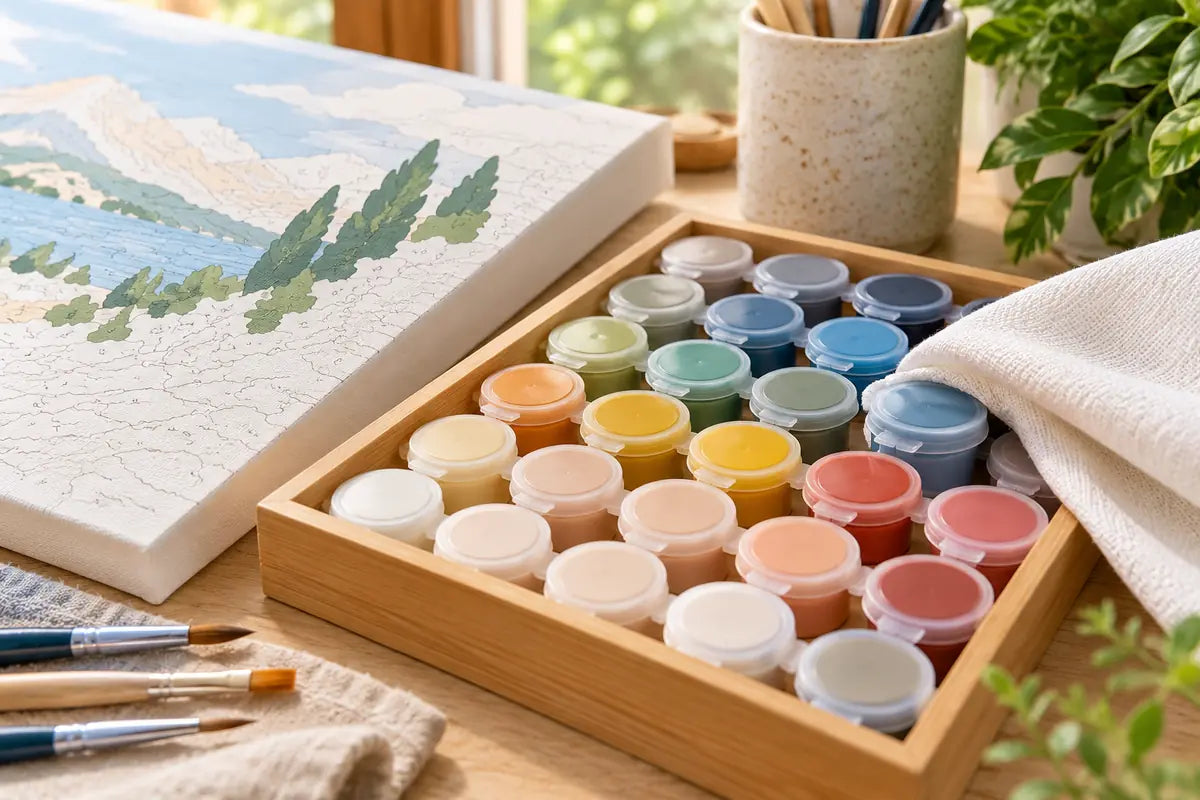 Paint by numbers color count options arranged beside a landscape canvas