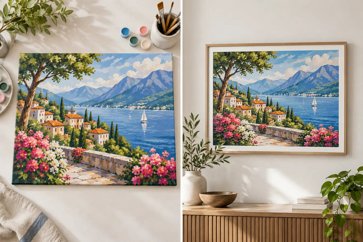 A completed paint by numbers landscape shown as a canvas and in a framed display.