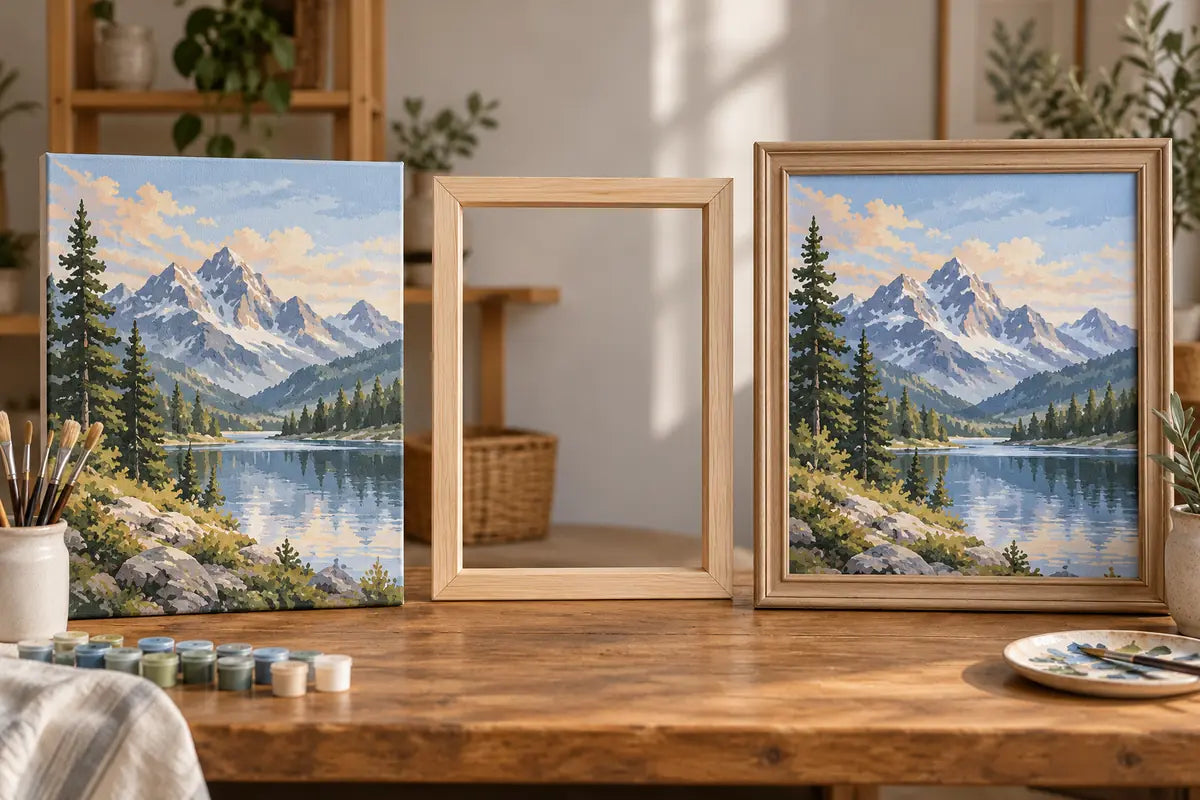 Paint by numbers canvas shown beside wooden frame options