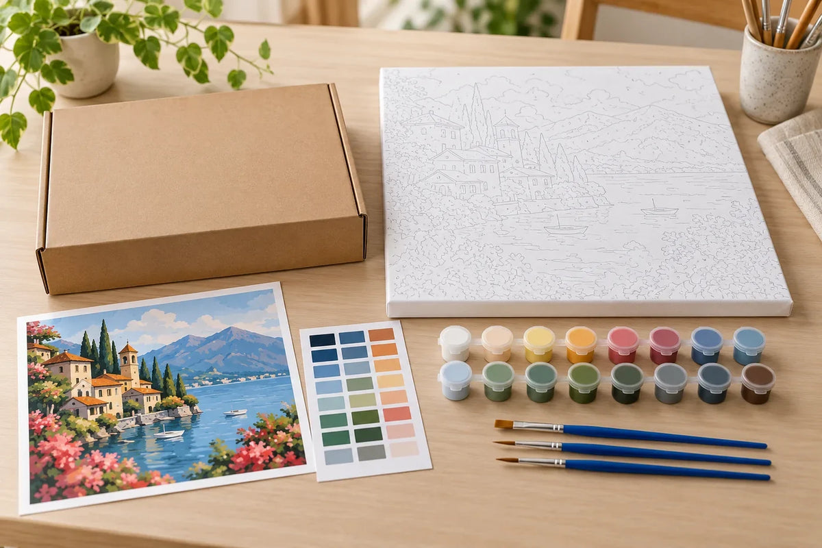 Flat lay of a paint-by-numbers canvas, color key, paint pots, and brushes