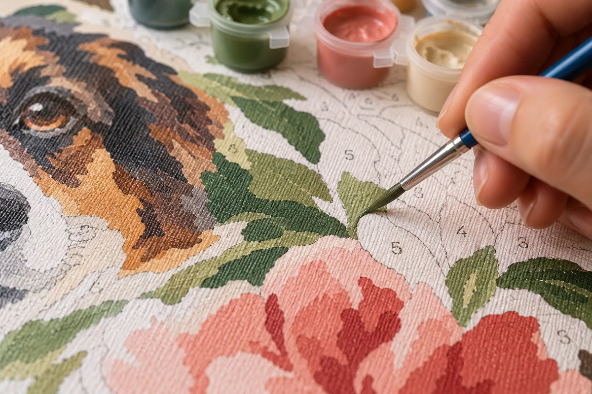 A detail brush following a numbered paint by numbers outline.
